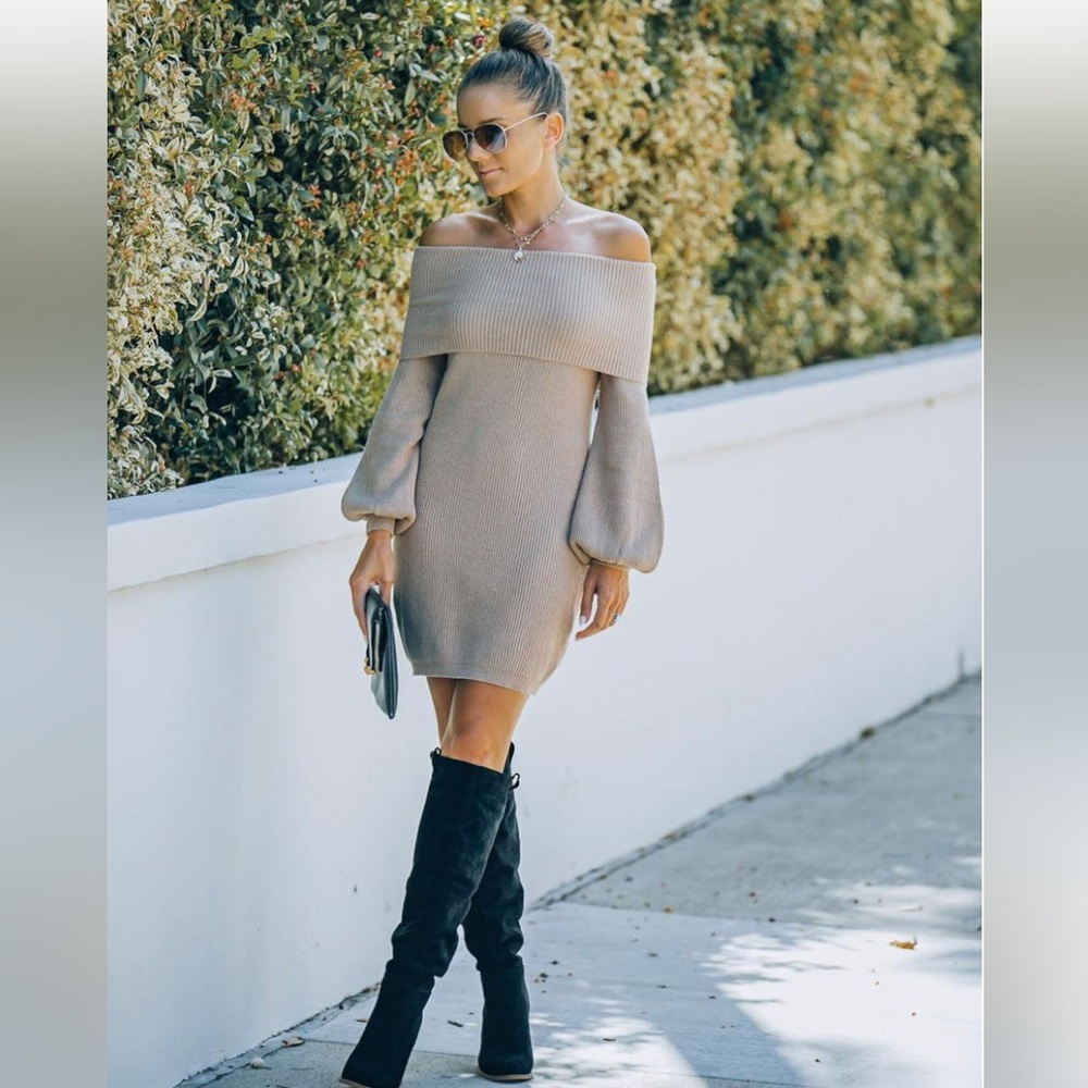 Greer Off The Shoulder Sweater Dress – Taupe XS